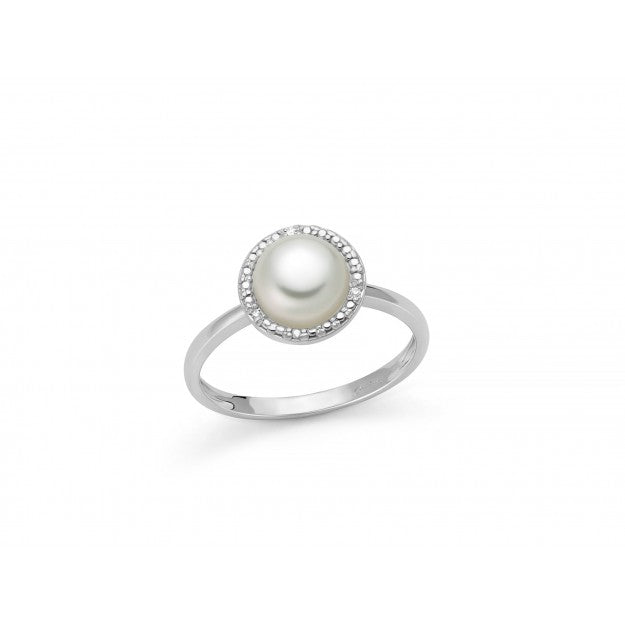 Anello Miluna con perla Oriente bottone oro bianco 375 e diamanti