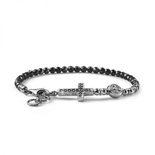 BRACCIALE UOMO COLLEZIONE CROSS ARGENTO E AGATA NERA, CROCE CRISTALLI NERI