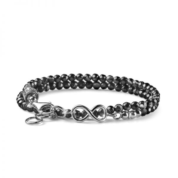BRACCIALE UOMO DUE GIRI INFINITY LIFE ARGENTO E AGATA NERA SOTTILE
