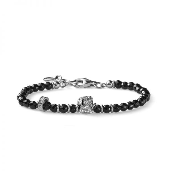 BRACCIALE DONNA COLLEZIONE ROSE ARGENTO E AGATA NERA CON ROSA