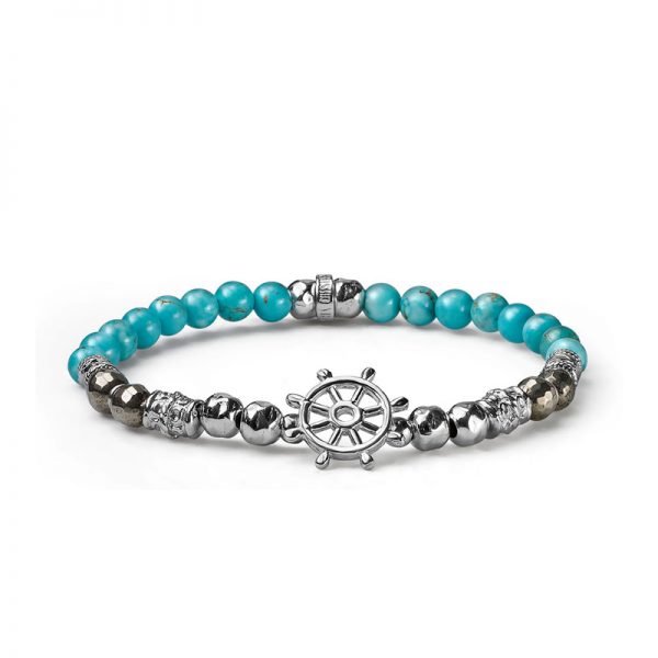 BRACCIALE UOMO ELASTICO ARGENTO AULITE CELESTE E PIRITE CON TIMONE