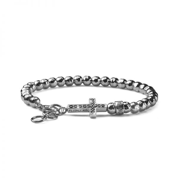 BRACCIALE UOMO SFERE ARGENTO MARTELLATO E CROCE CON CRISTALLI NERI